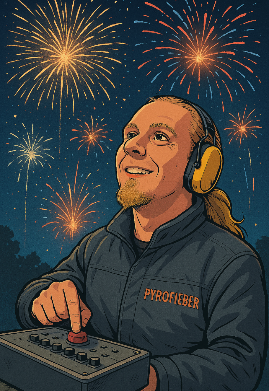 Mann mit Kopfhörern steuert Feuerwerk vor nächtlichem Himmel.