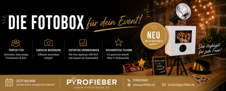 Werbung für eine Fotobox mit verschiedenen Angeboten und einem auffälligen Design.